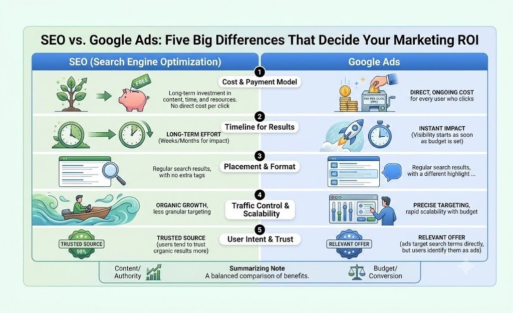 SEO vs. Google Ads: Five Big Differences That Decide Your Marketing ROI